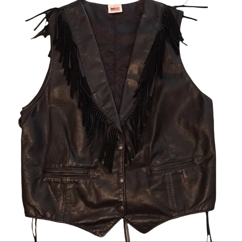 Vintage Leather Western Style Fringed Vest Unisex USA Made Corset Cabochan Lge